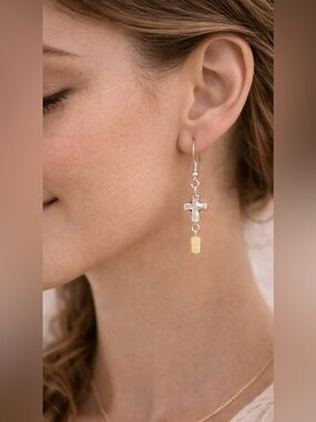 Petite Silver Cross Dangle Earrings | Yellow Bead Accent | Faith Jewelry